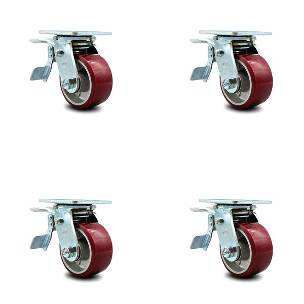4 Inch Poly on Aluminum Caster Set with Ball Bearings and Total Lock Brakes SCC